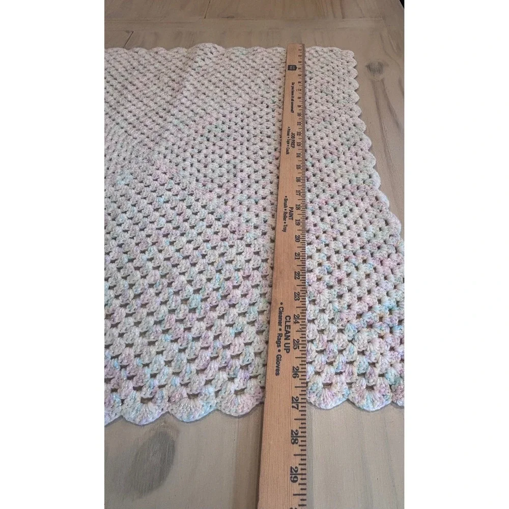 Handmade Crochet Baby Blanket Pastel Pink Blue White Granny Square Scalloped 27